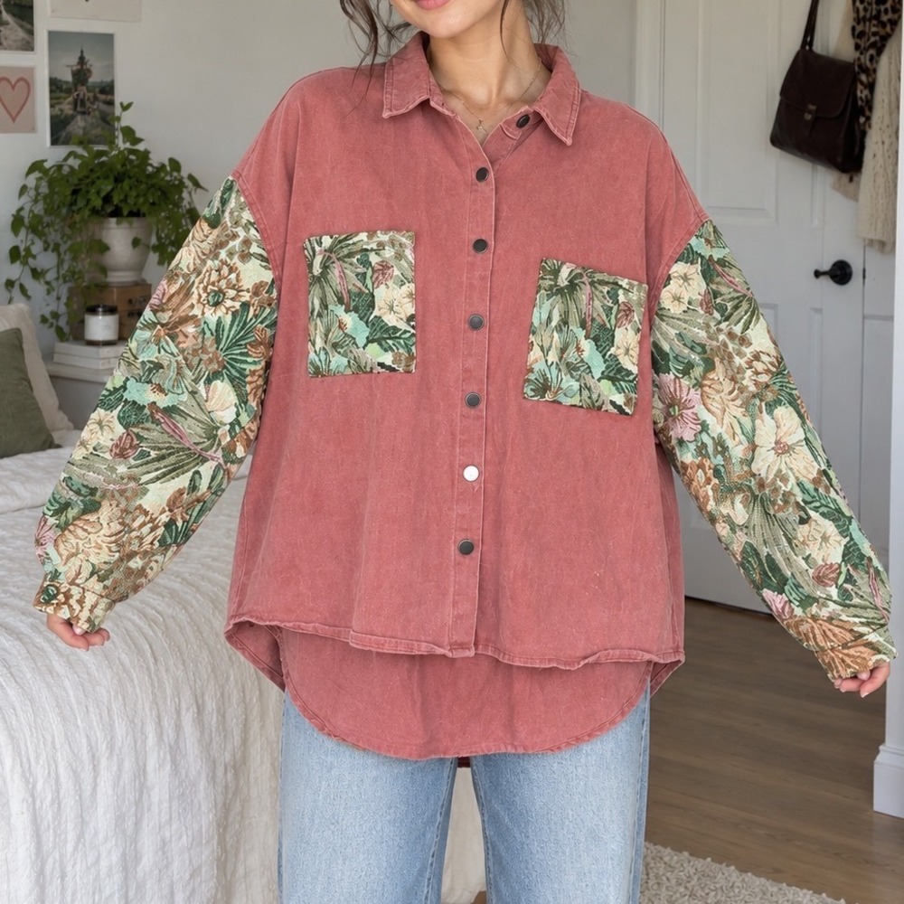 POL Floral Tapestry Sleeve Button Down Shirt Coral Terracotta boho coastal
